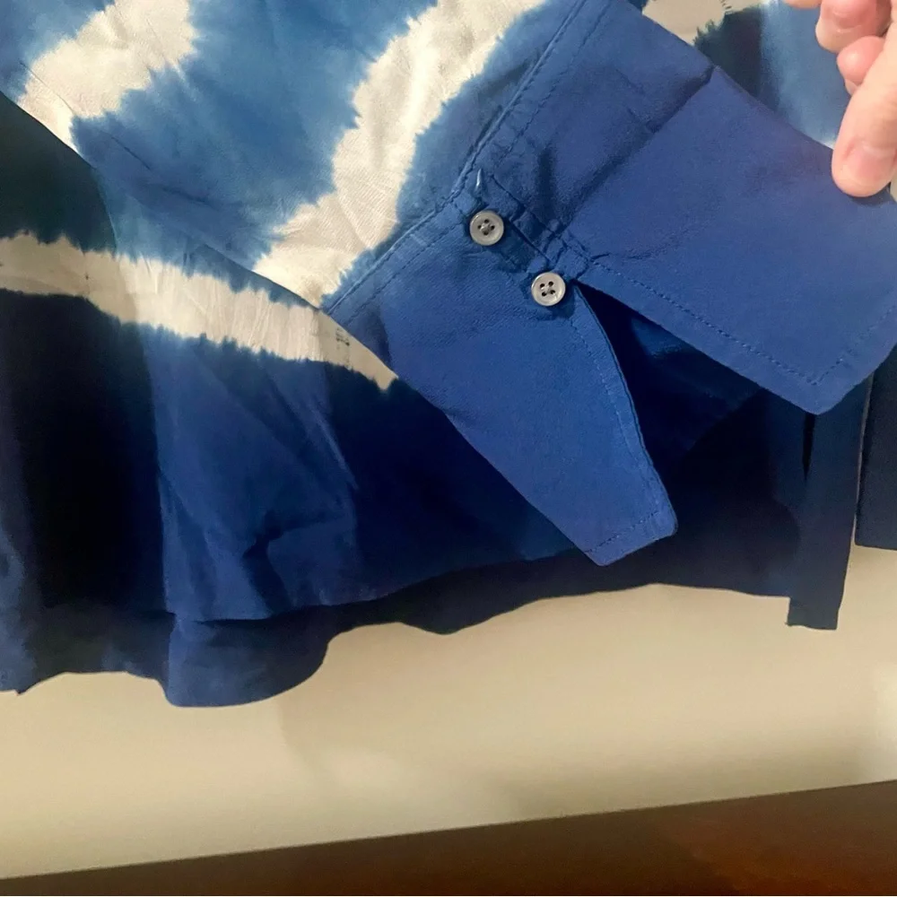J.Crew 100% Silk Tie Dyed Shibori LS Tunic Popover Blue - Sz Small